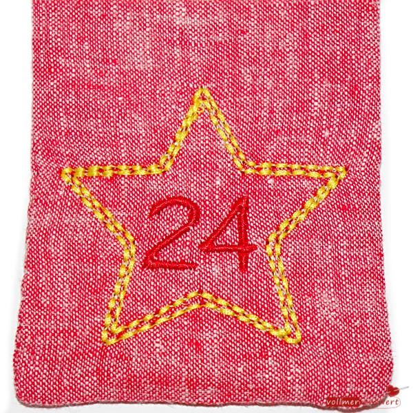 Preview: Adventskalender aus Stoff zum Befüllen bestickt mit Stern und Zahl Leinenoptik edel